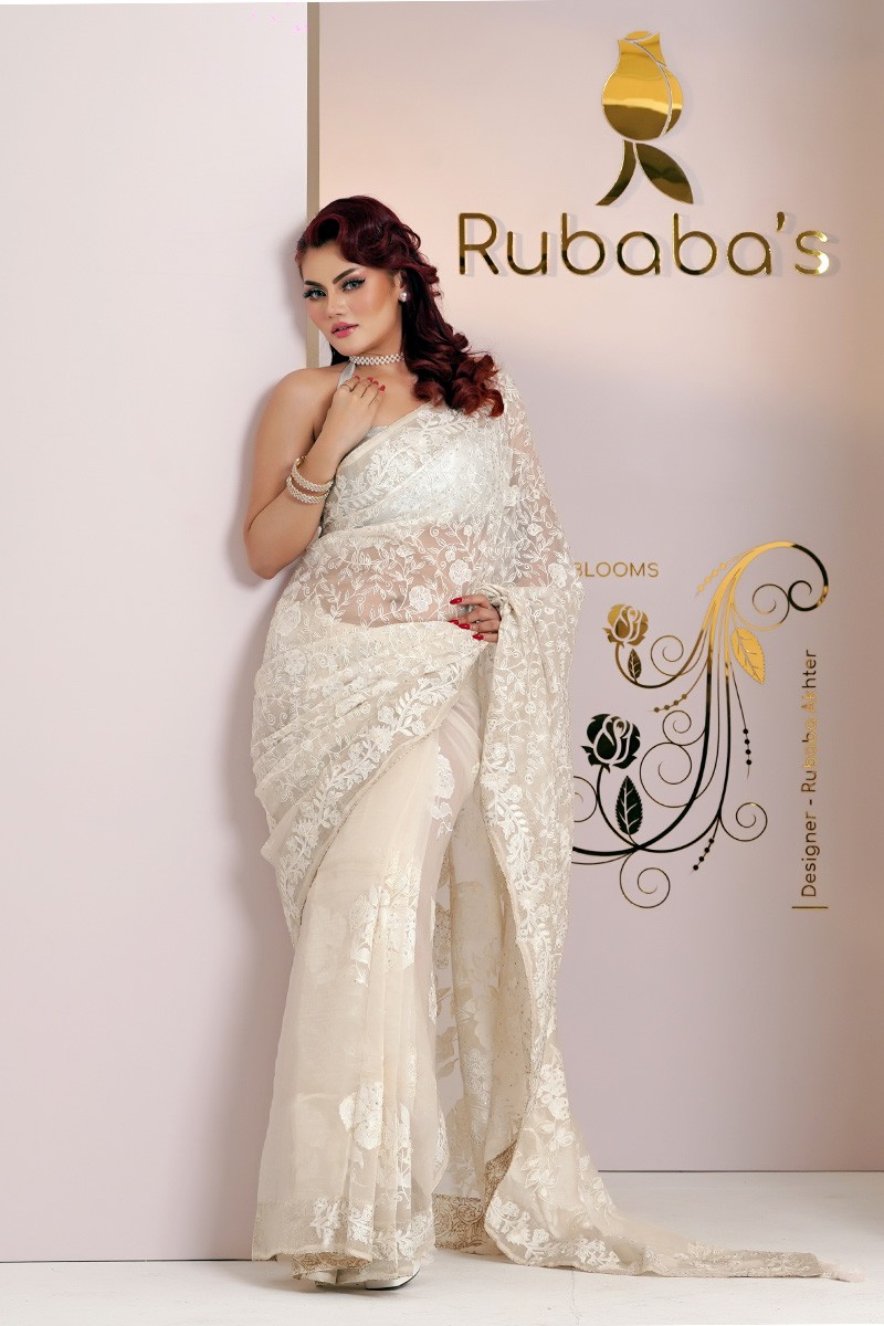 Rubaba's REM2432 Cream White Embroidered Muslin Saree Collection 2024