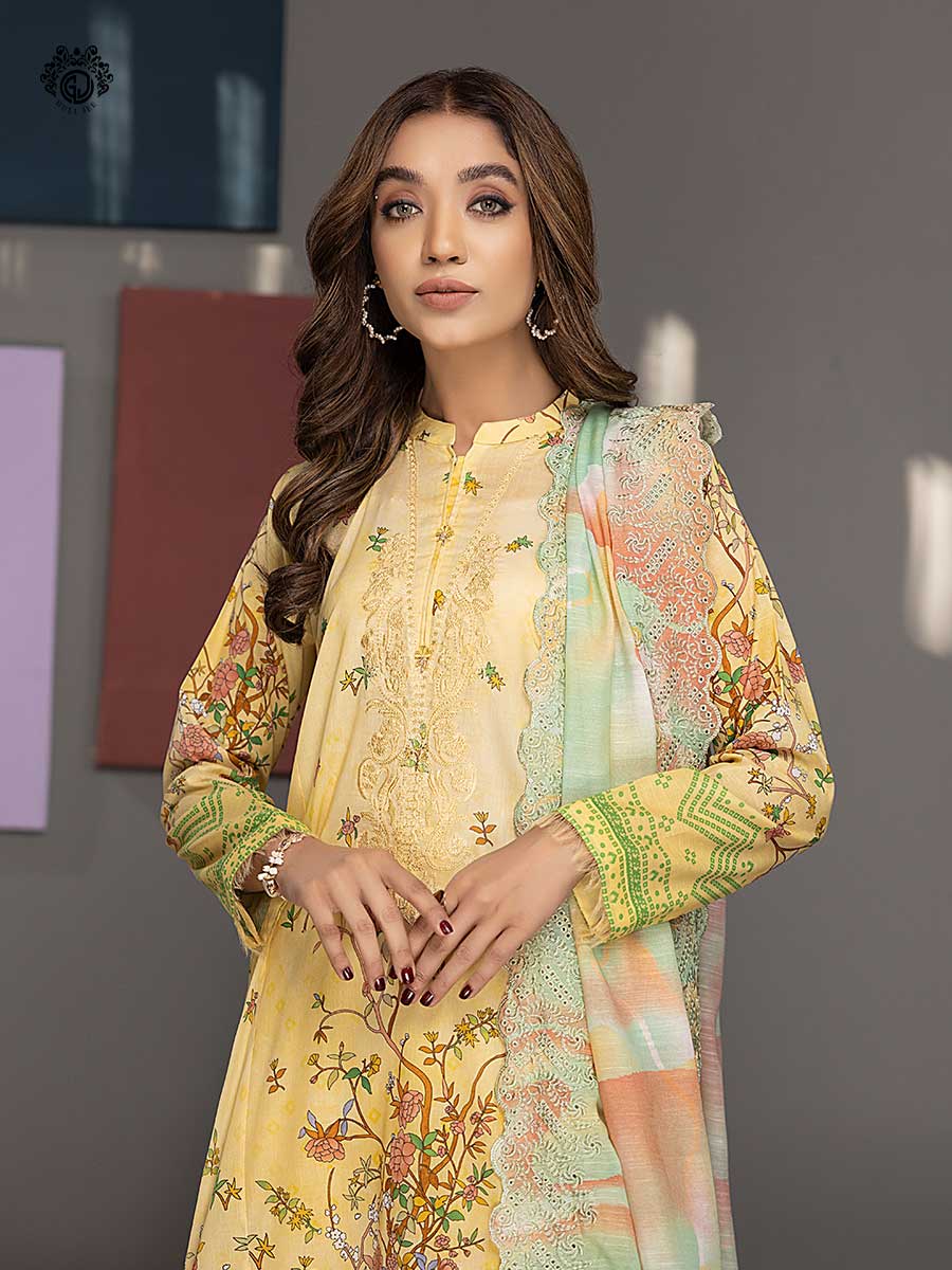 Mahajal Guljee canary yellow print unstitched 3PC in Bd GMH2211A4
