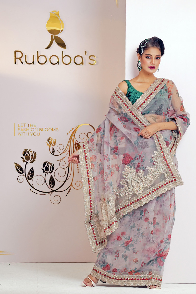 Rubaba's REM2407 Screen Printed Jari Embroidered Muslin Saree Collection 2024