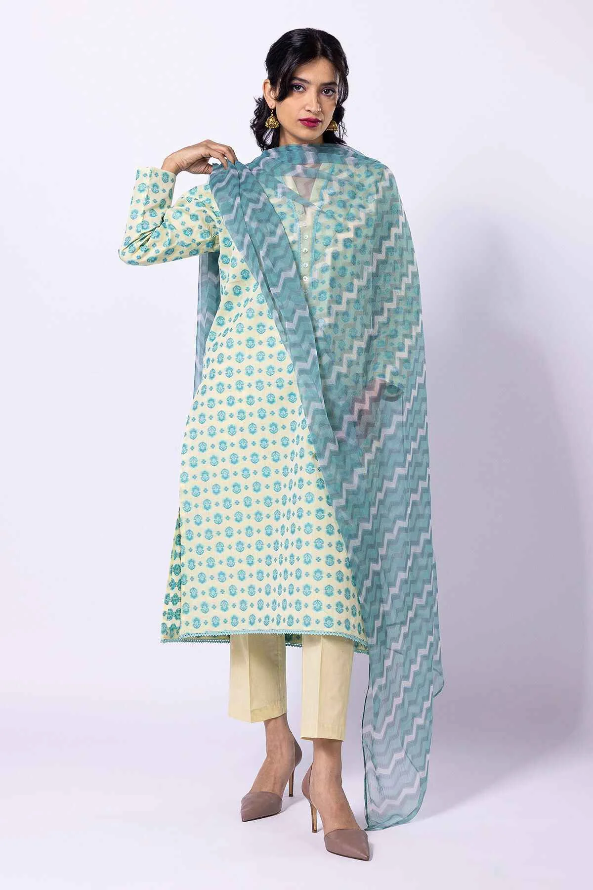 Khaadi lawn top and dupatta AJ22302A 2 piece available in Shelai