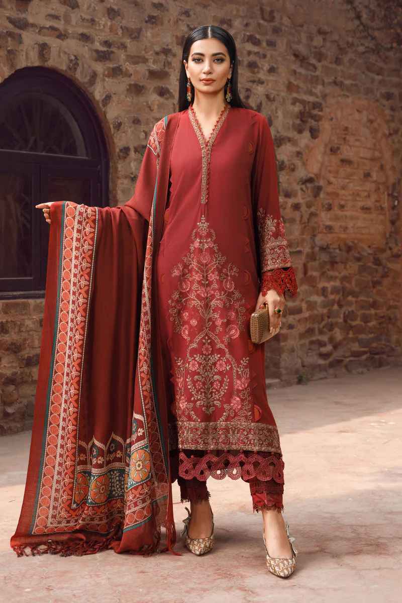 Maria B maroon unstitched embroidered linen Shawls 3PC in BD 2A