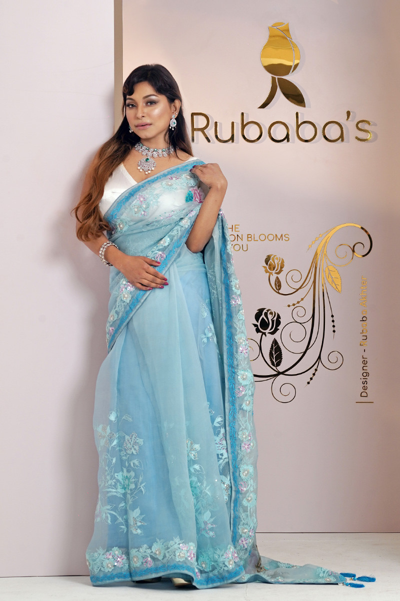 Rubaba's REM2404 light Blue Embroidered Muslin Saree Collection 2024