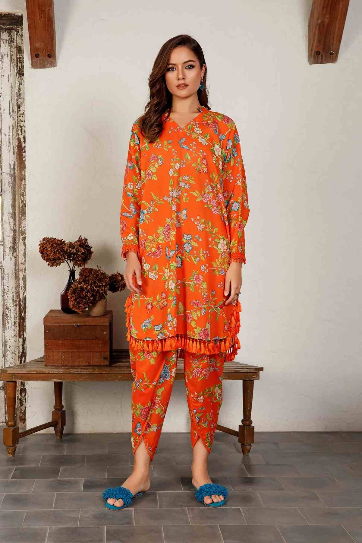 Maria B M basic luxury lawn orange 01-A 1 pieces at Shelai