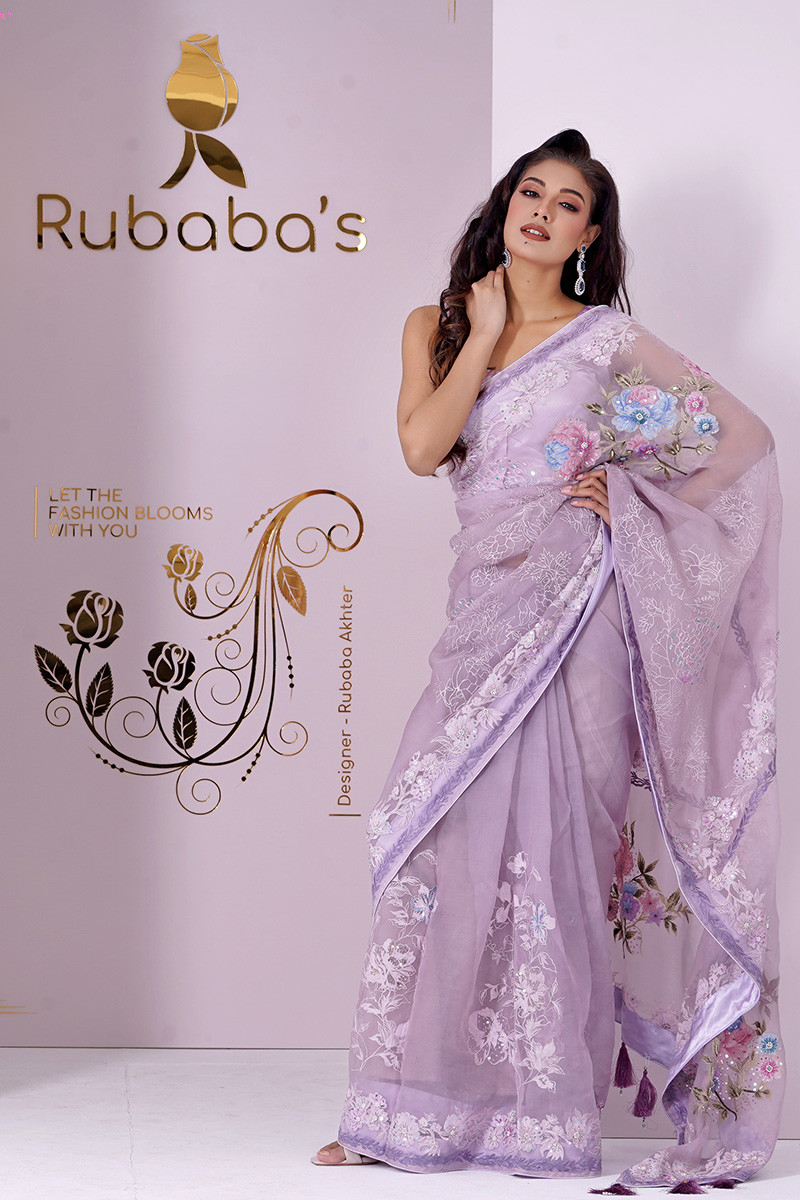 Rubaba's REM2402 light purple Embroidered Muslin Saree Collection 2024