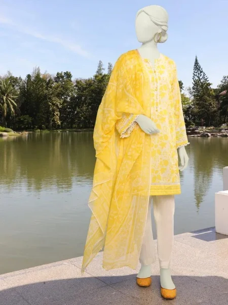 J. JLAWN-S-23-131 Yellow Bahareh Unstitched Lawn 3Piece with Printed Chiffon Dupatta