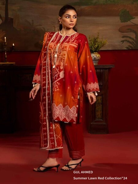 Gul Ahmed Red Lawn Valentine’s Special 3PC Printed Lawn Unstitched Suit CL-42178