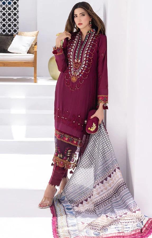 Alzohaib Rungkari embroidered printed A04 3 piece at Shelai