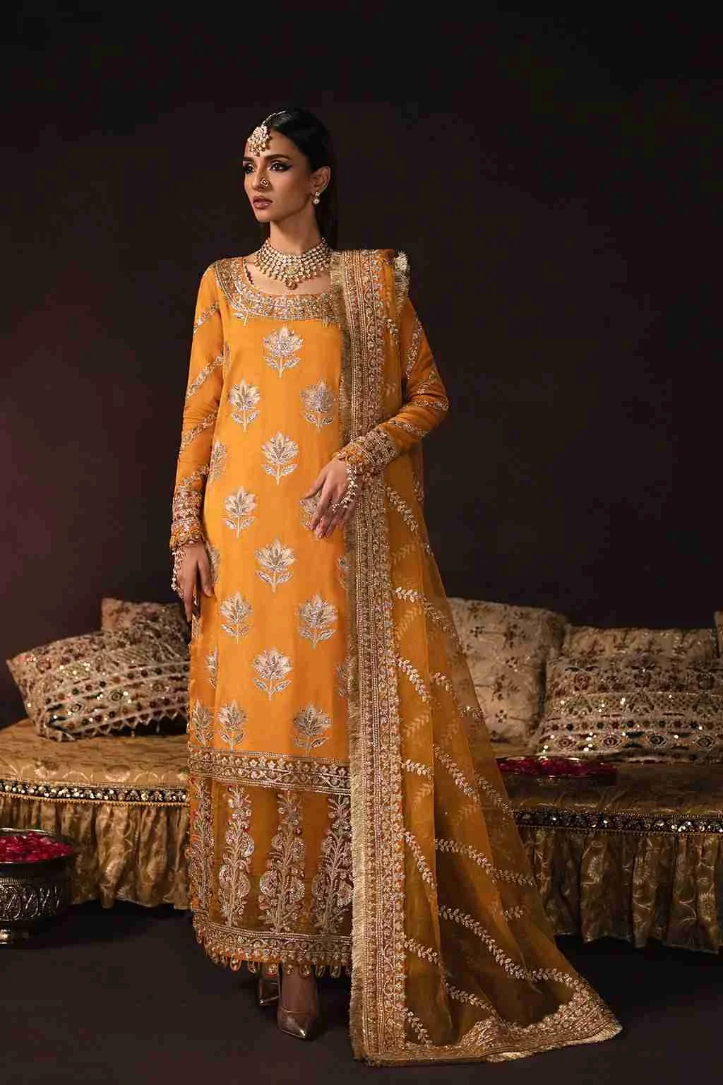 Amaltas Divani Afrozeh's mustard hued 3pc is available on Shelai