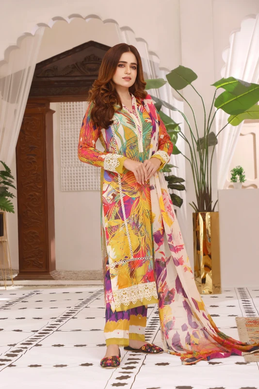 Feathers Digital Printed Lawn Dress