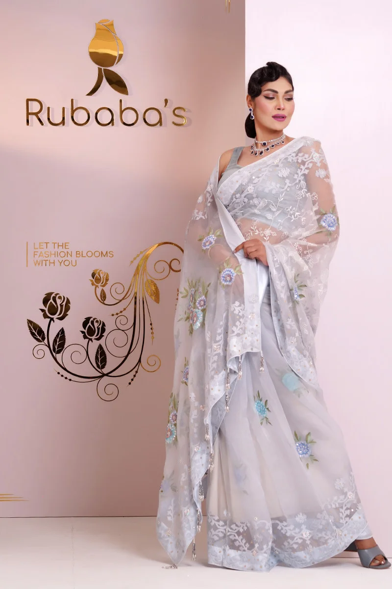 Rubaba's REM2403 Silver Grey Embroidered Muslin Saree Collection 2024