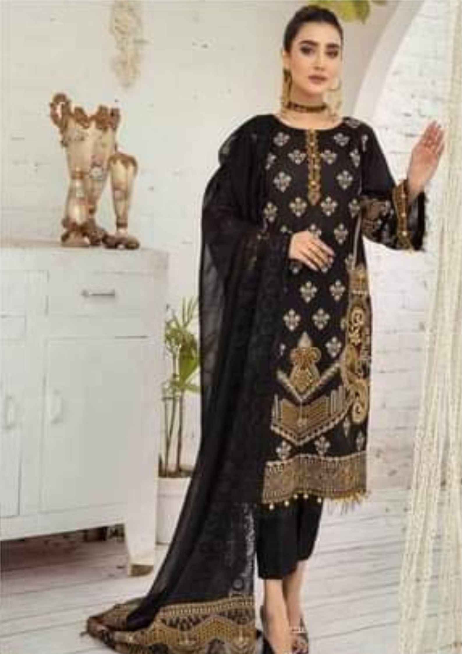 Johra black embroidered swiss voil 3 piece at shelai JH-41