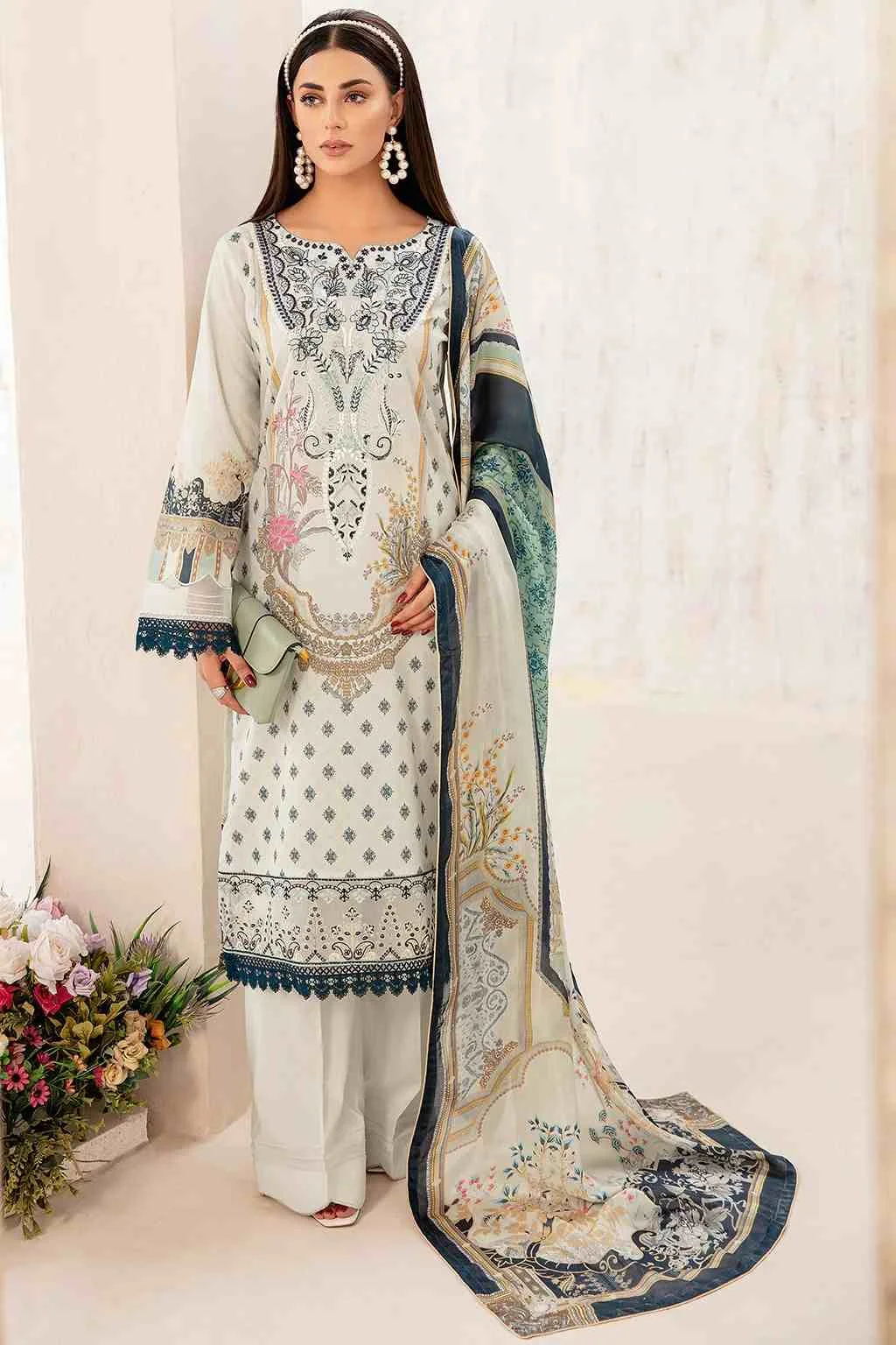 Rangrez Ramsha off white luxury lawn vol-3 3pc N-304 at Shelai