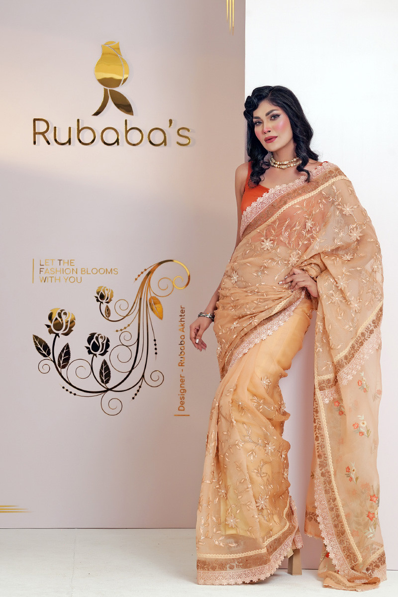 Rubaba's REM2423 Buff Orange Embroidered Muslin Saree Collection 2024
