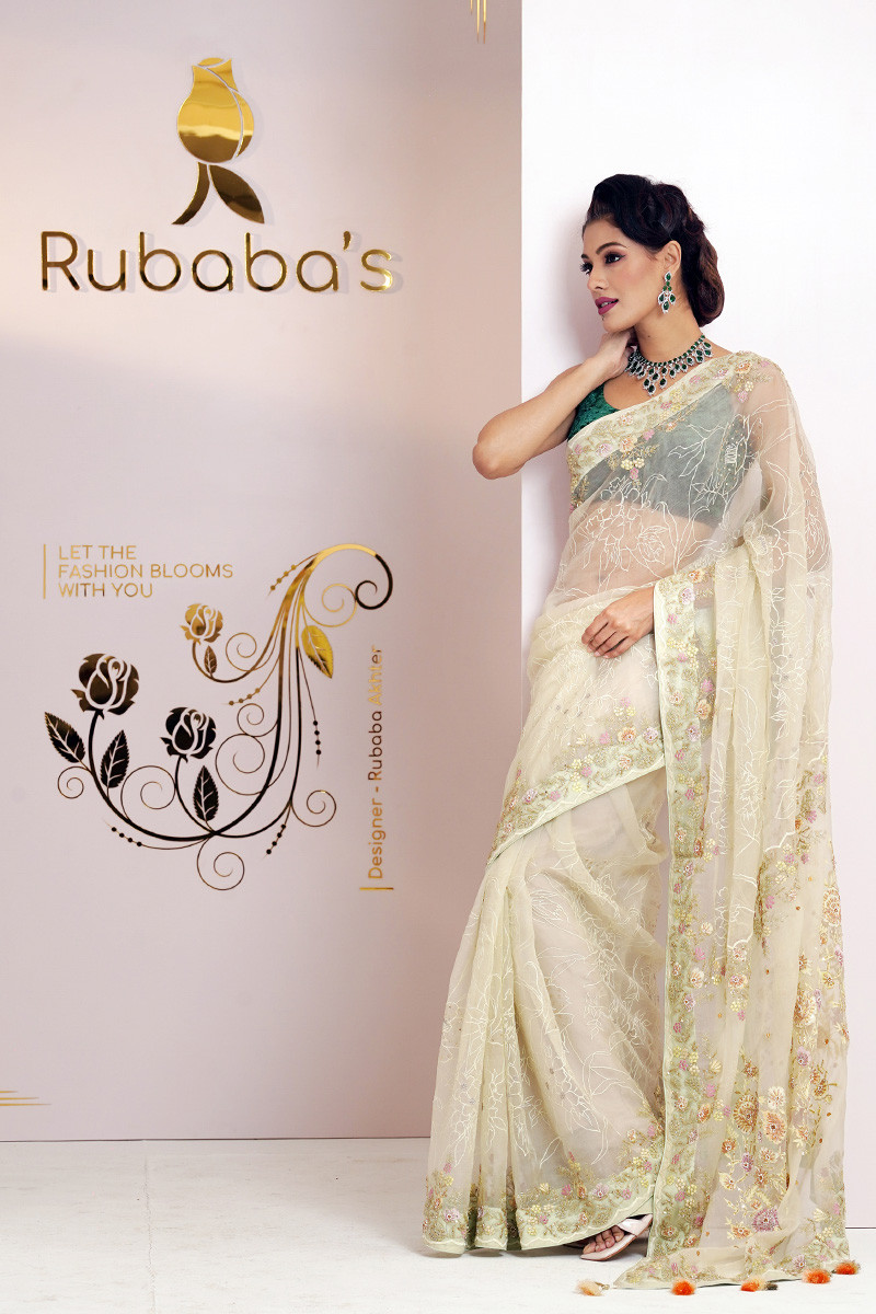 Rubaba's REM2431 Leamon Yellow Embroidered Muslin Saree Collection 2024