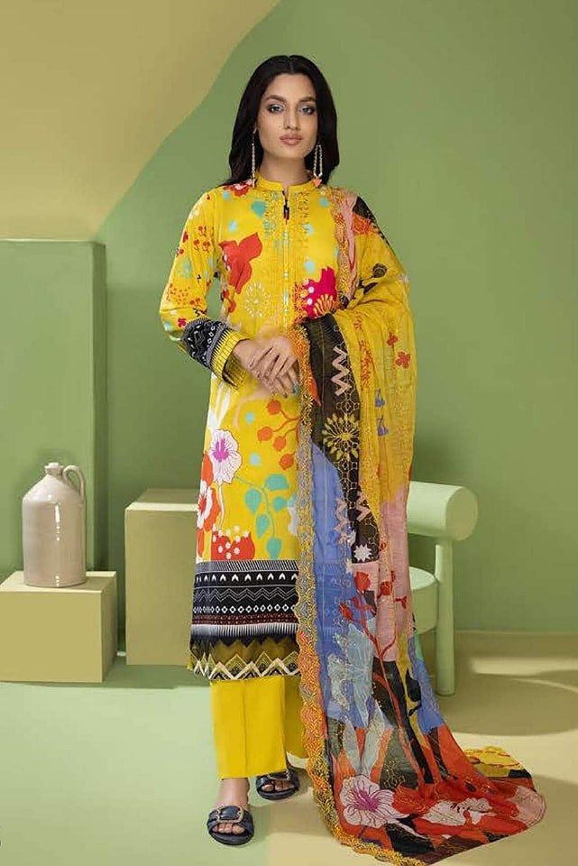 Mahajal yellow mix printed embroidered 3piece available in Shelai