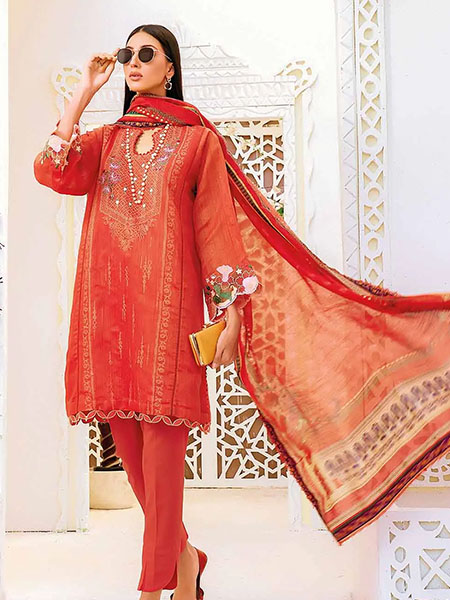 Gul-Ahmed ST-32002 Embroidered Cotton Suit With Zari Dupatta