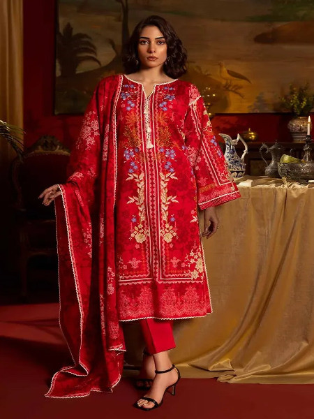 Gul Ahmed Red Lawn 3PC Printed Lawn Unstitched Suit CL-42198