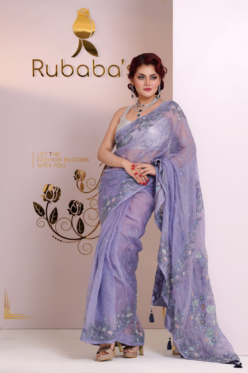 Rubaba's REM2415 Purple Mauve Embroidered Muslin Saree Collection 2024