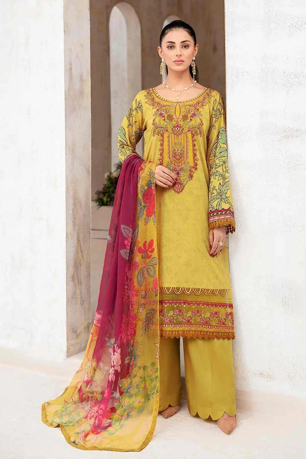 Rangrez Ramsha yellow luxury lawn vol-3 3pc N-312 at Shelai