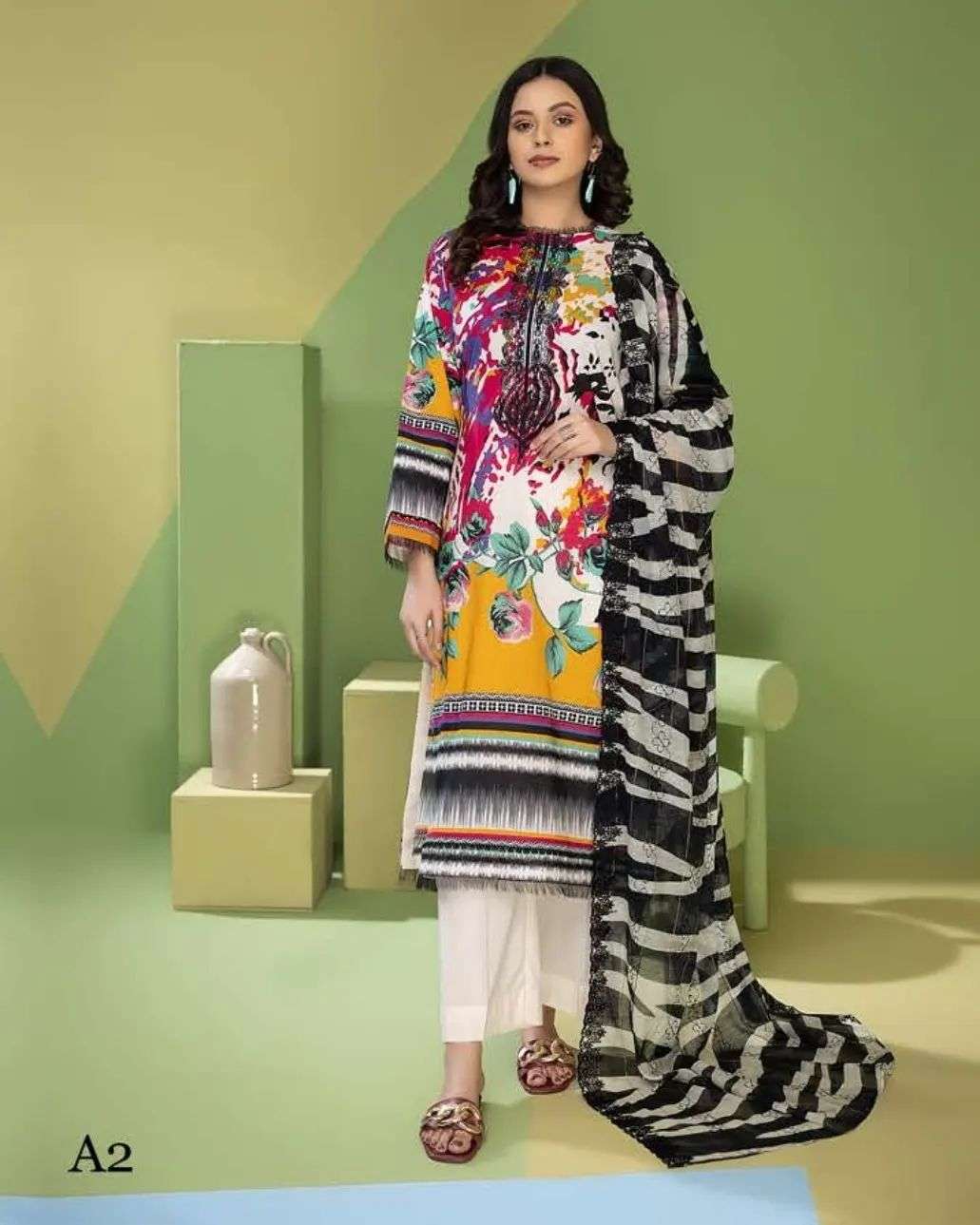 Mahajal mix color printed embroidered 3pieces available in Shelai