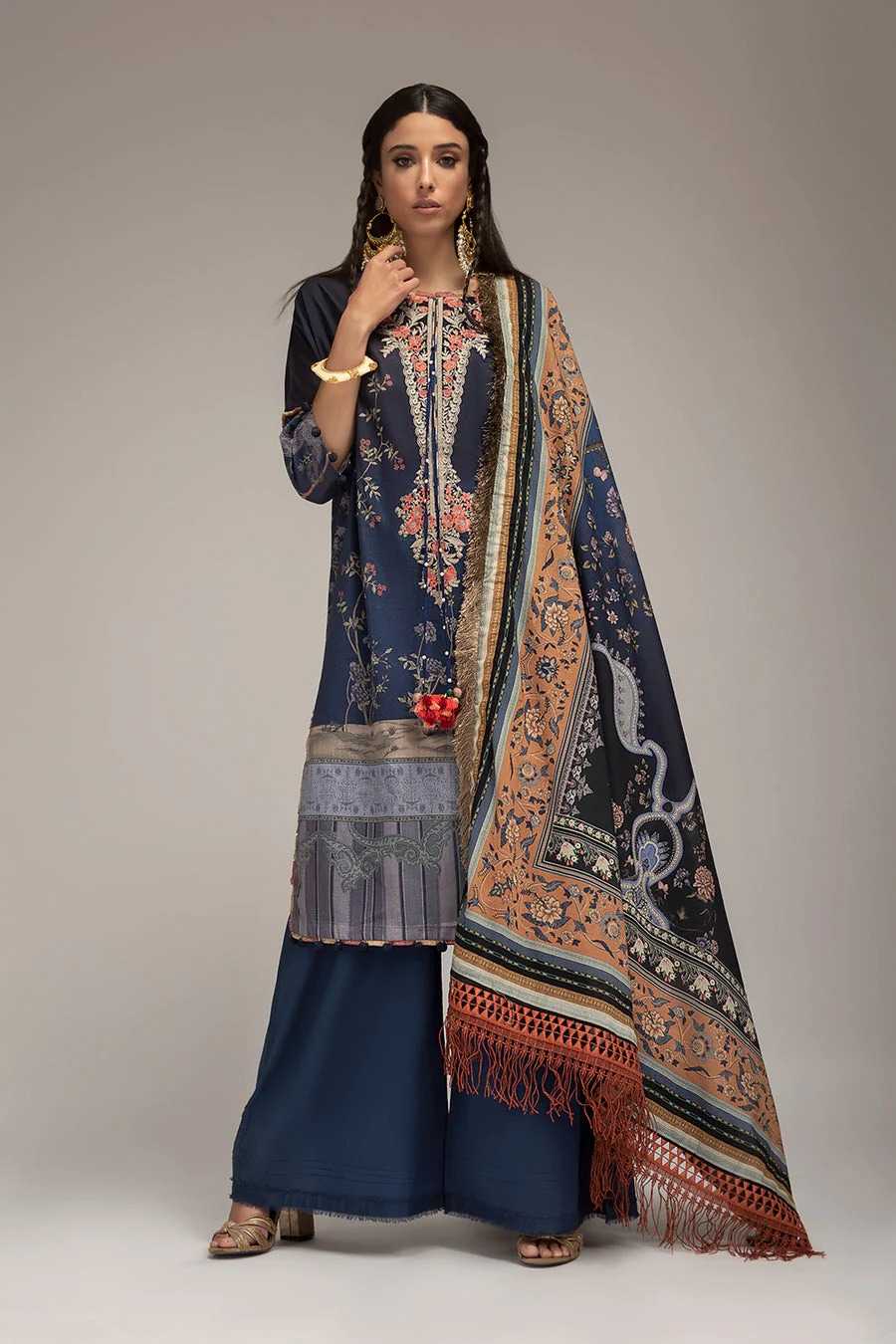 Sobia nazir navy blue SN Prints 4B embroidered 3 piece at Shelai