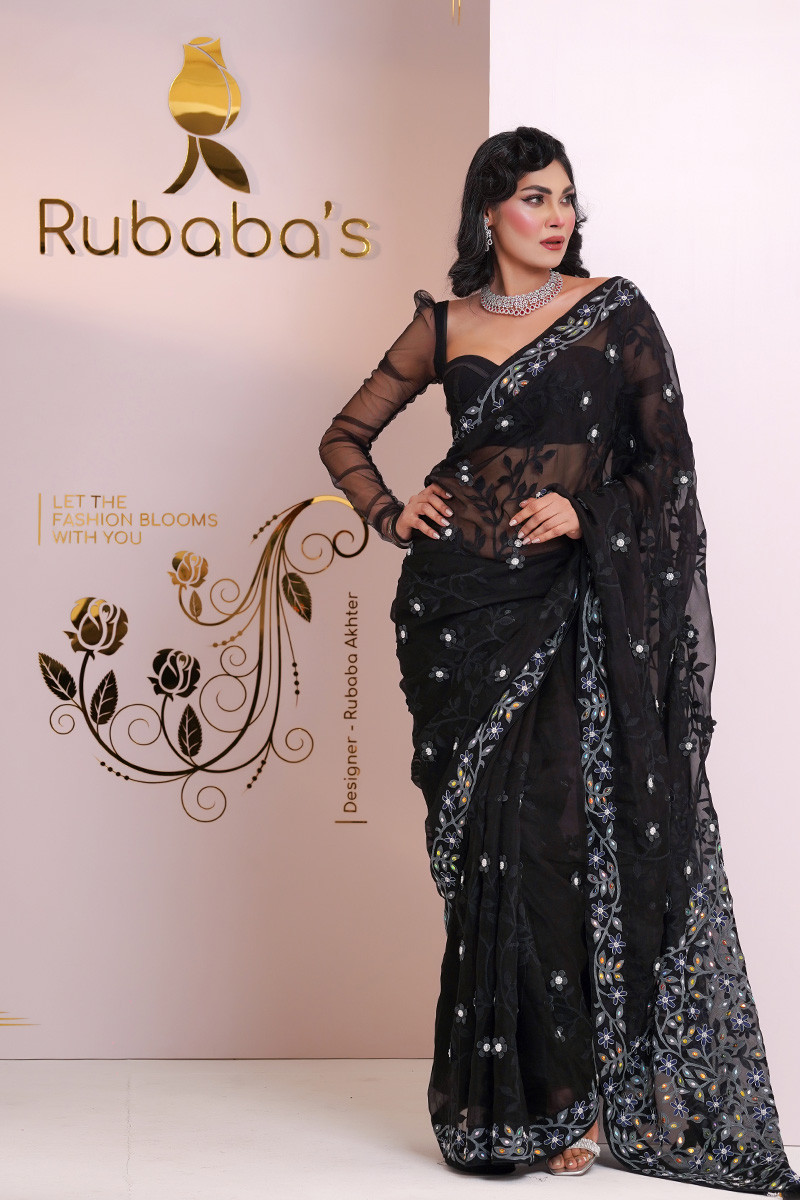 Rubaba's REM2414 black Embroidered Muslin Saree Collection 2024