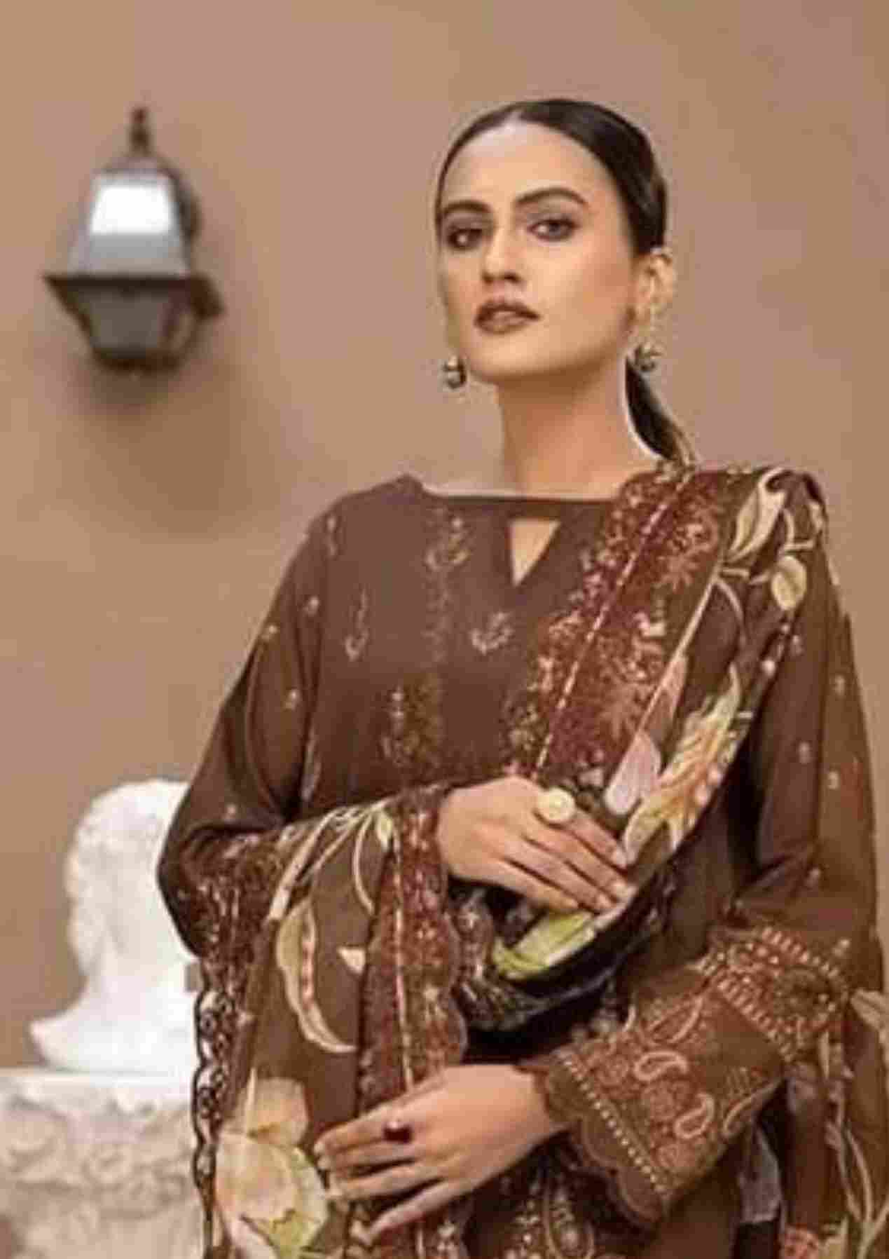 Hania Binaas dark brown print embroidered 3pc available in shelai