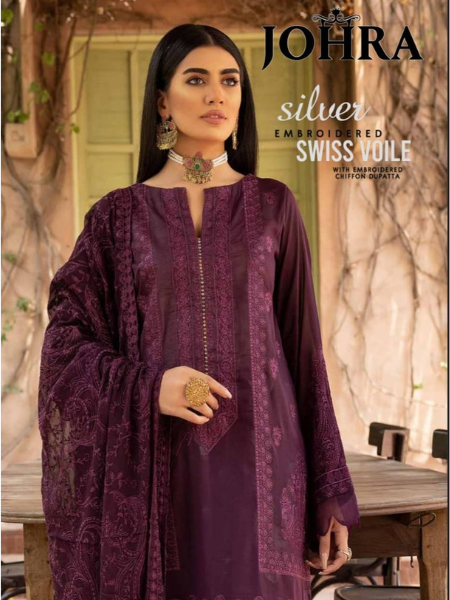 Johra Silver Embroidered Swiss Voile with Embroidered Chiffon Dupatta