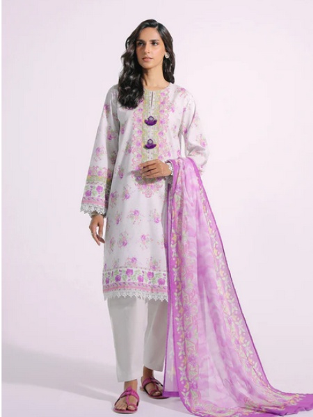 Ethnic E0229 Coconut Milk Color Premium Printed Lawn Dress For Eid at Shelai