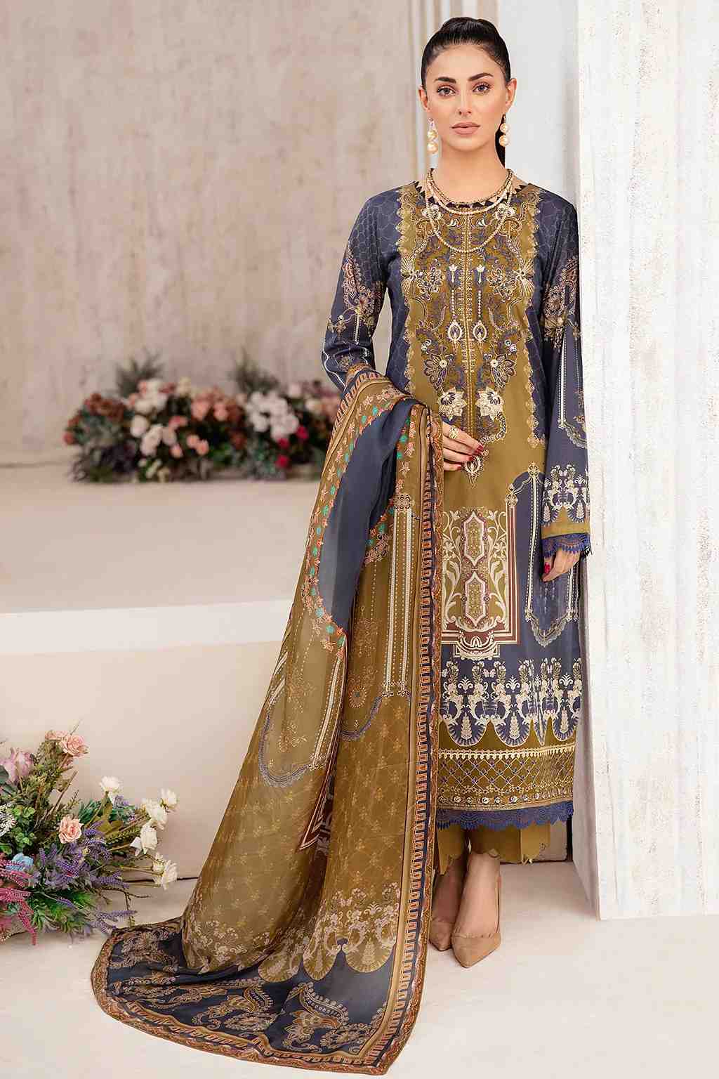 Rangrez Ramsha olive luxury lawn vol-3 3 piece N-302 at Shelai