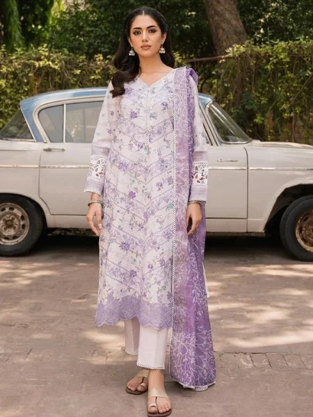 AABYAAN Setareh (AC-02) CHIKANKARI EMBROIDERED DIGITAL PRINTED DRESS WITH LASER CUT EMBROIDERED SLEEVES BORDER