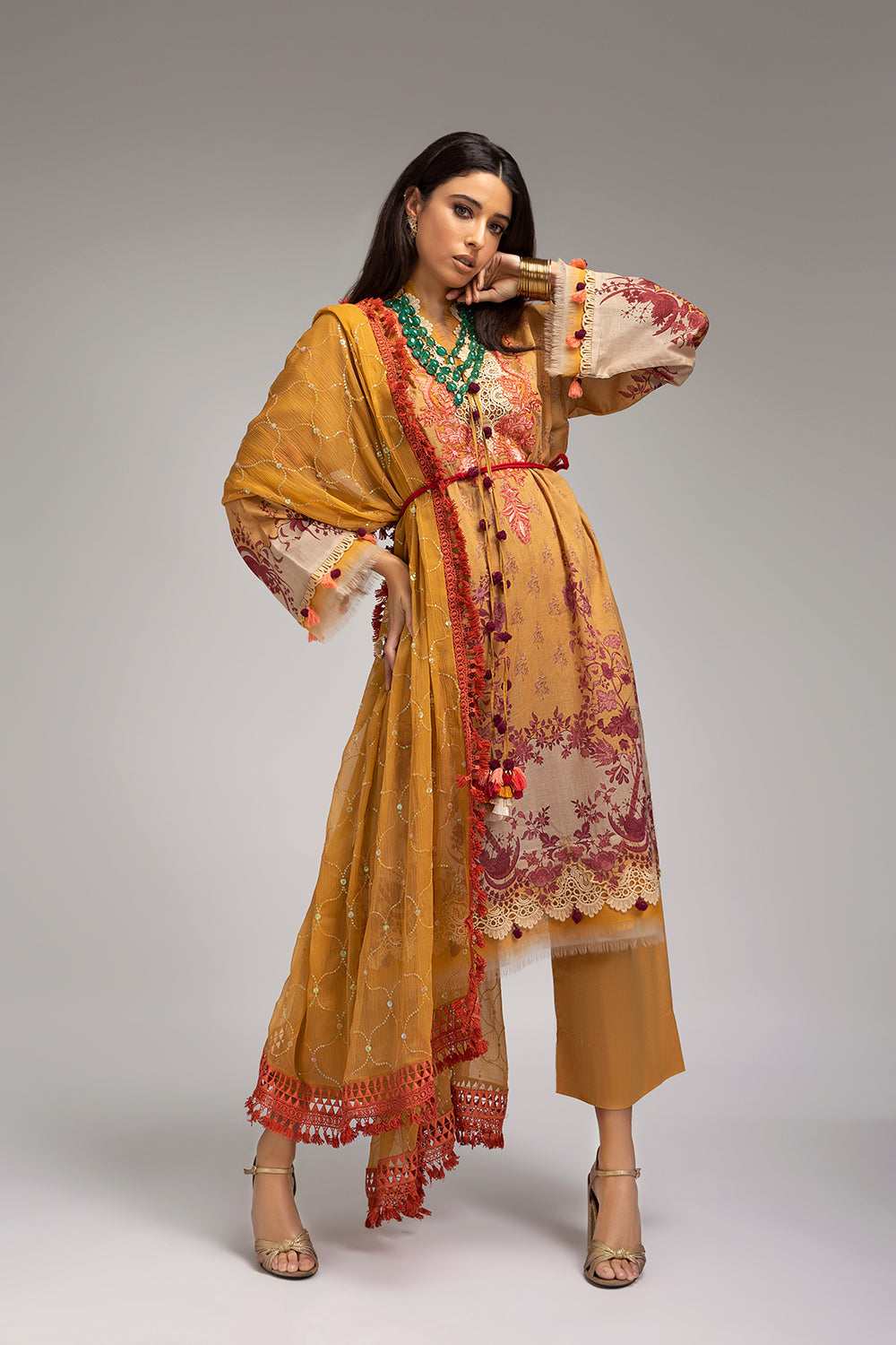 Sobia nazir mustard SN Prints 6B embroidered 3 piece at Shelai