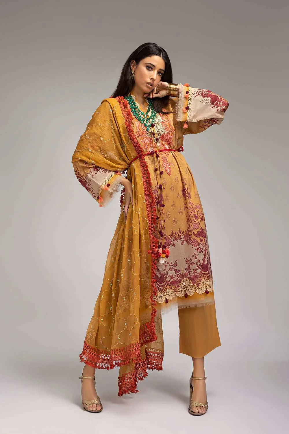 Sobia nazir mustard SN Prints 6B embroidered 3 piece at Shelai