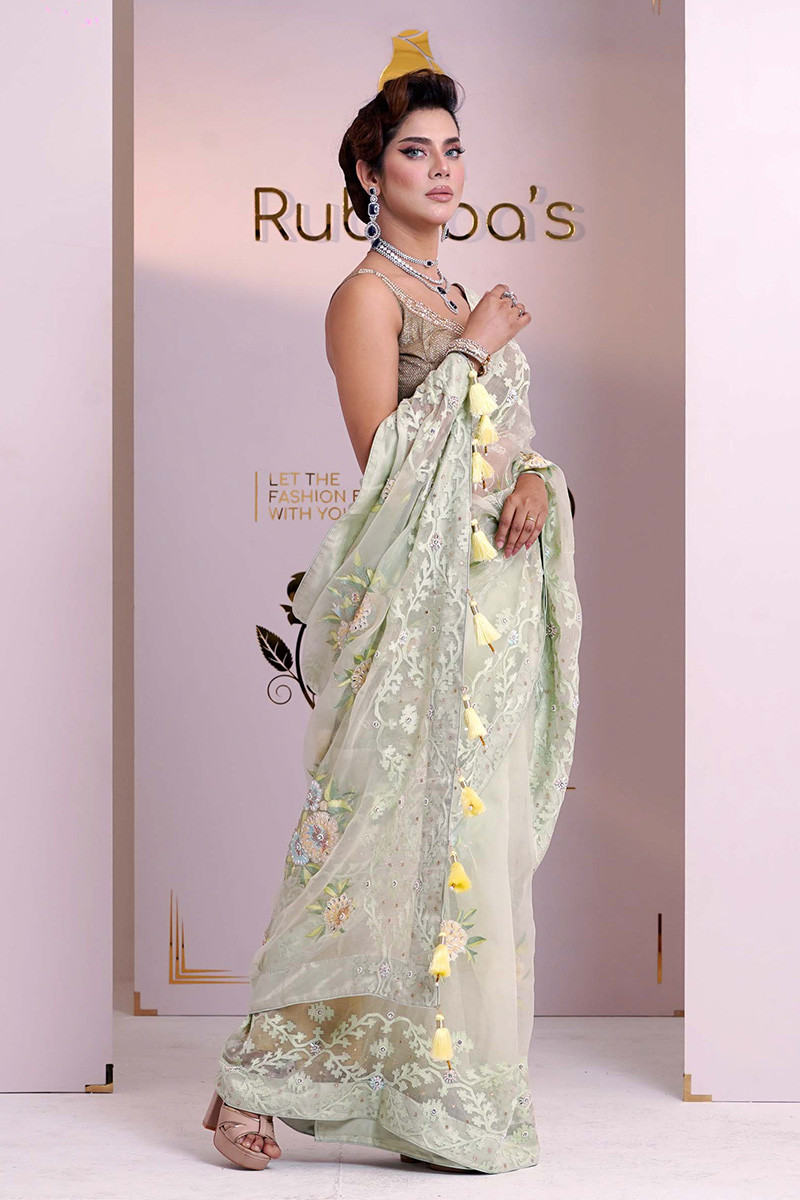 Rubaba's REM2430 Beige Green Embroidered Muslin Saree Collection 2024