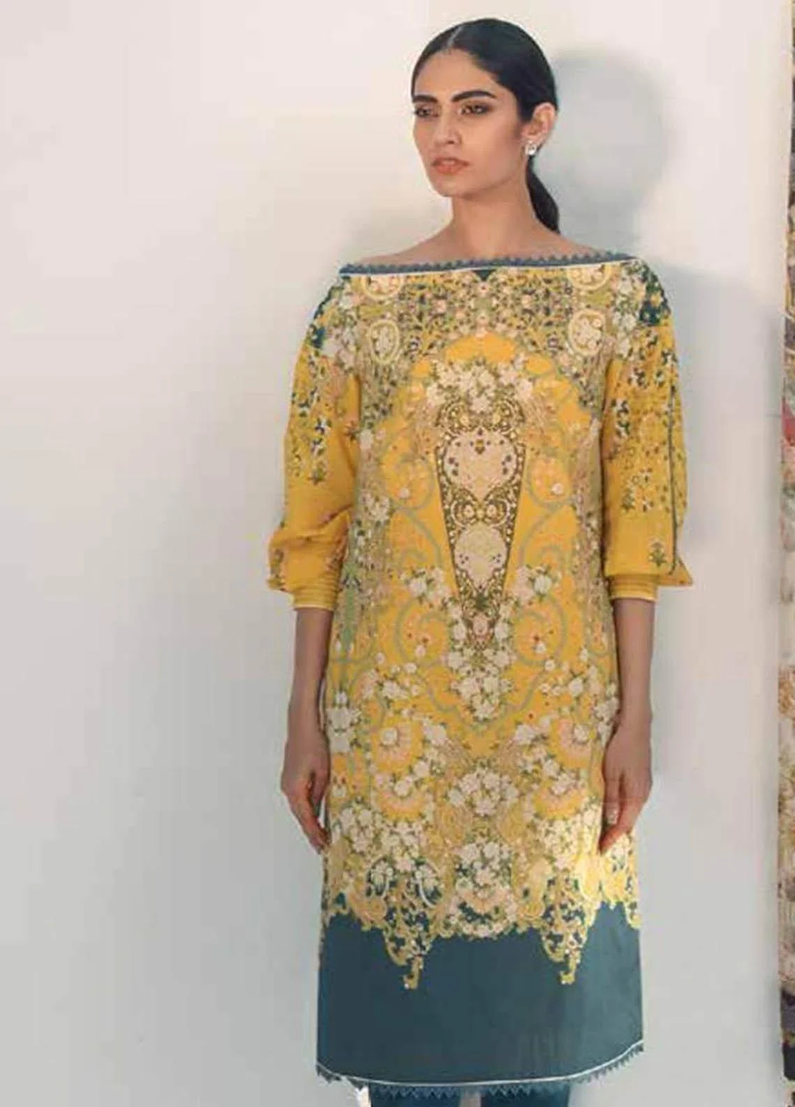 Alkaram studio yellow unstitched 2 piece SS-27.1-21 at Shelai