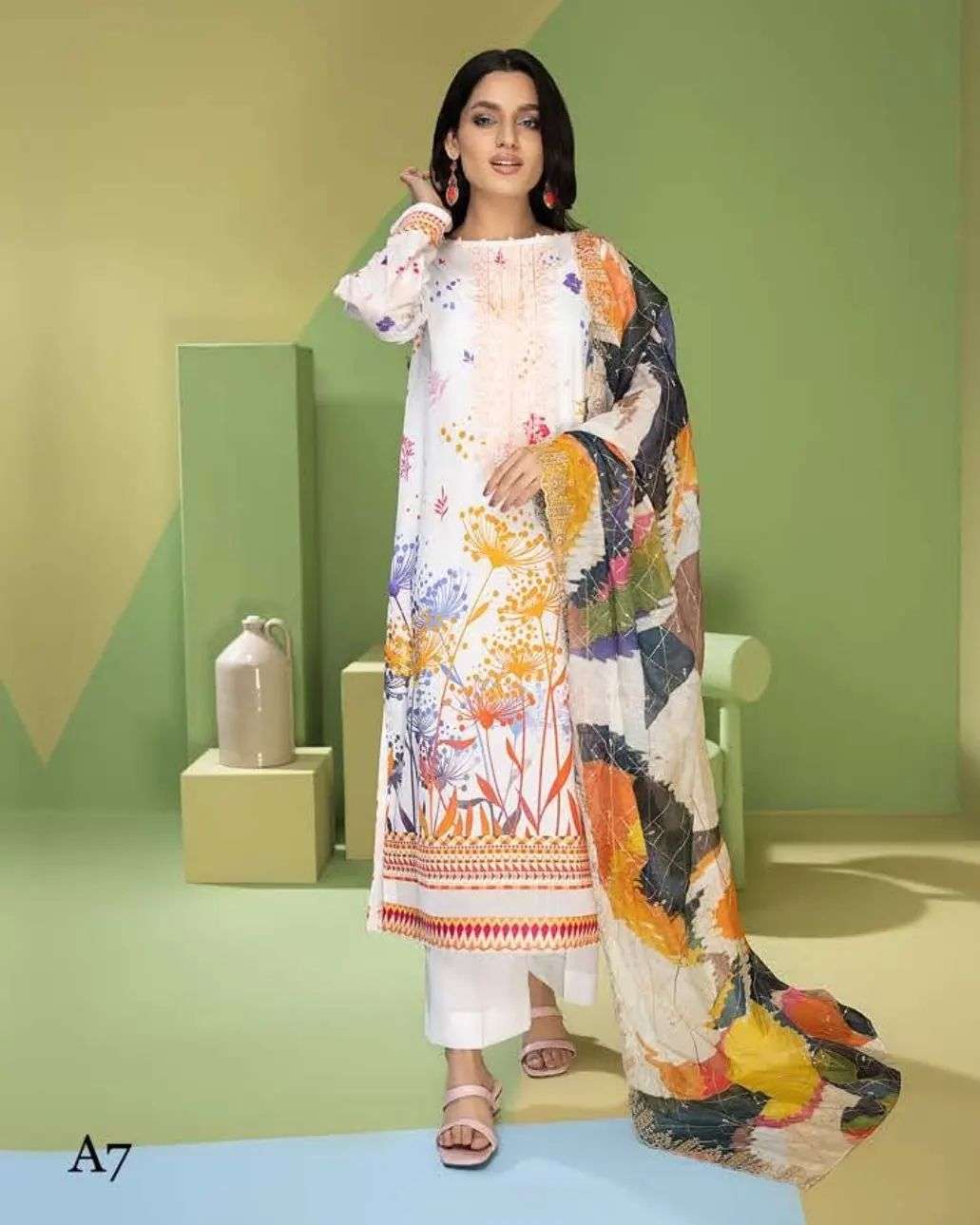 Mahajal off white multi color printed 3pc available in Shelai