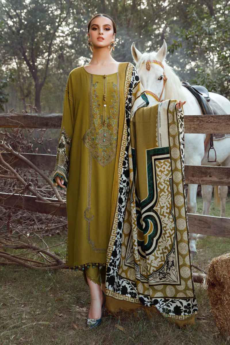Maria B olive green unstitched embroidered Shawls 3PC in BD 5A