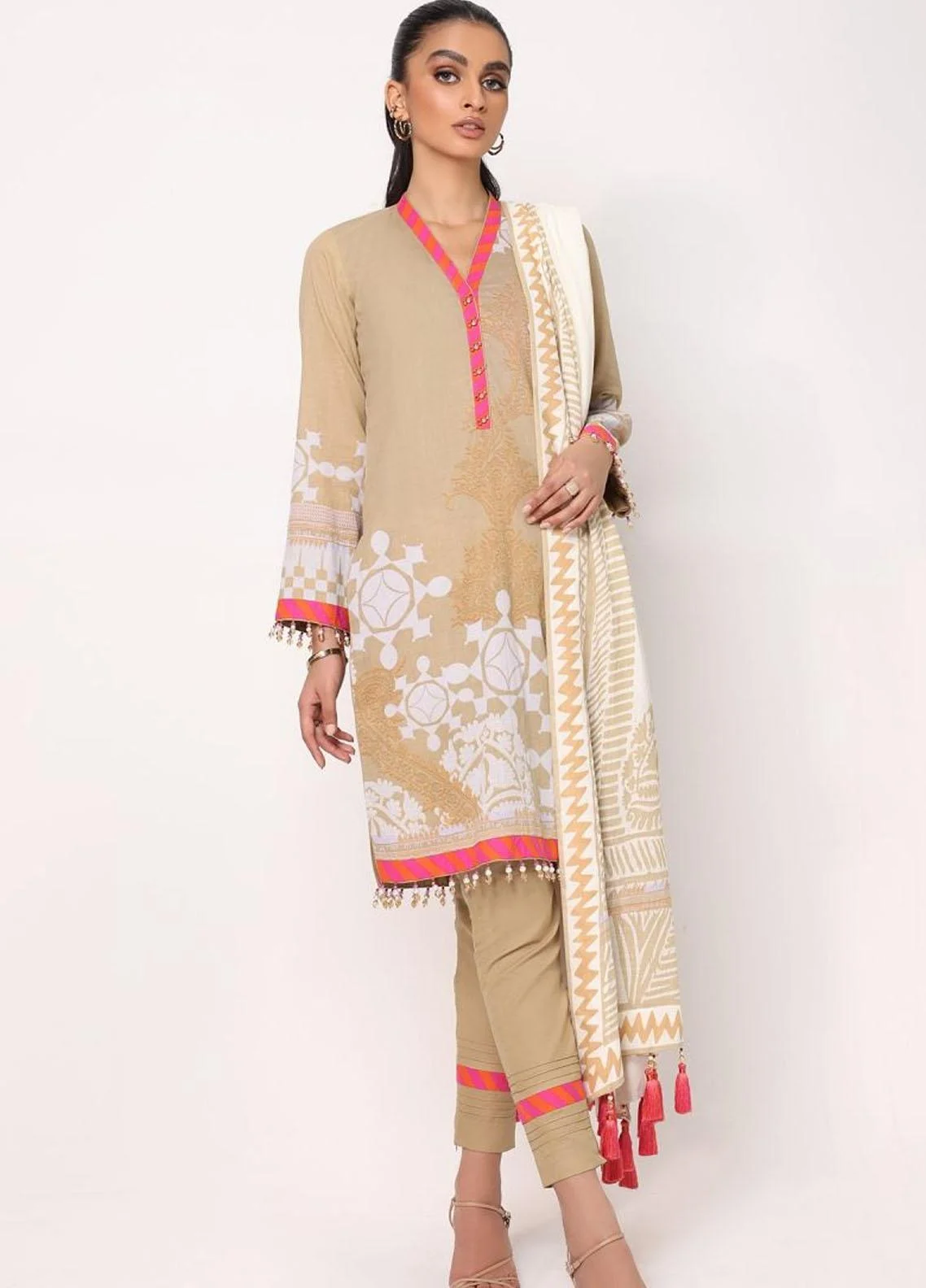 Alkaram studio beige unstitched 3 piece SS-14-22 at Shelai