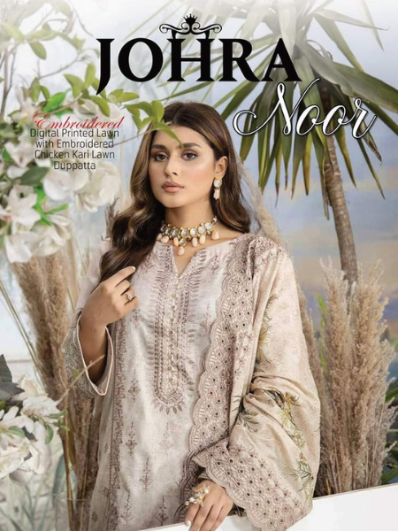 Johra noor embroidered digital printed lawn with embroidered chicken kari lawn dupatta