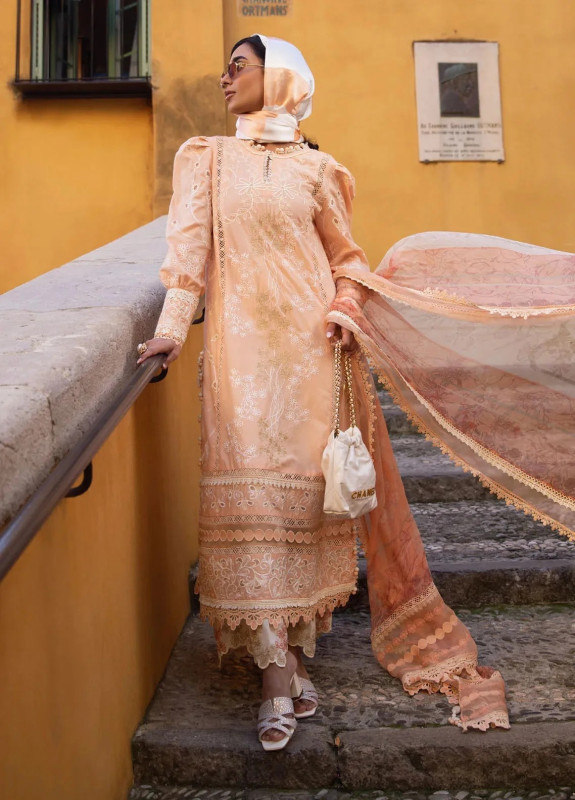 Zoha by Ansab Jahangir Embroidered Lawn Suit Unstitched 3 Piece ANJ25Z D-09 Alluring Apricot - Summer Collection | SHELAI22708