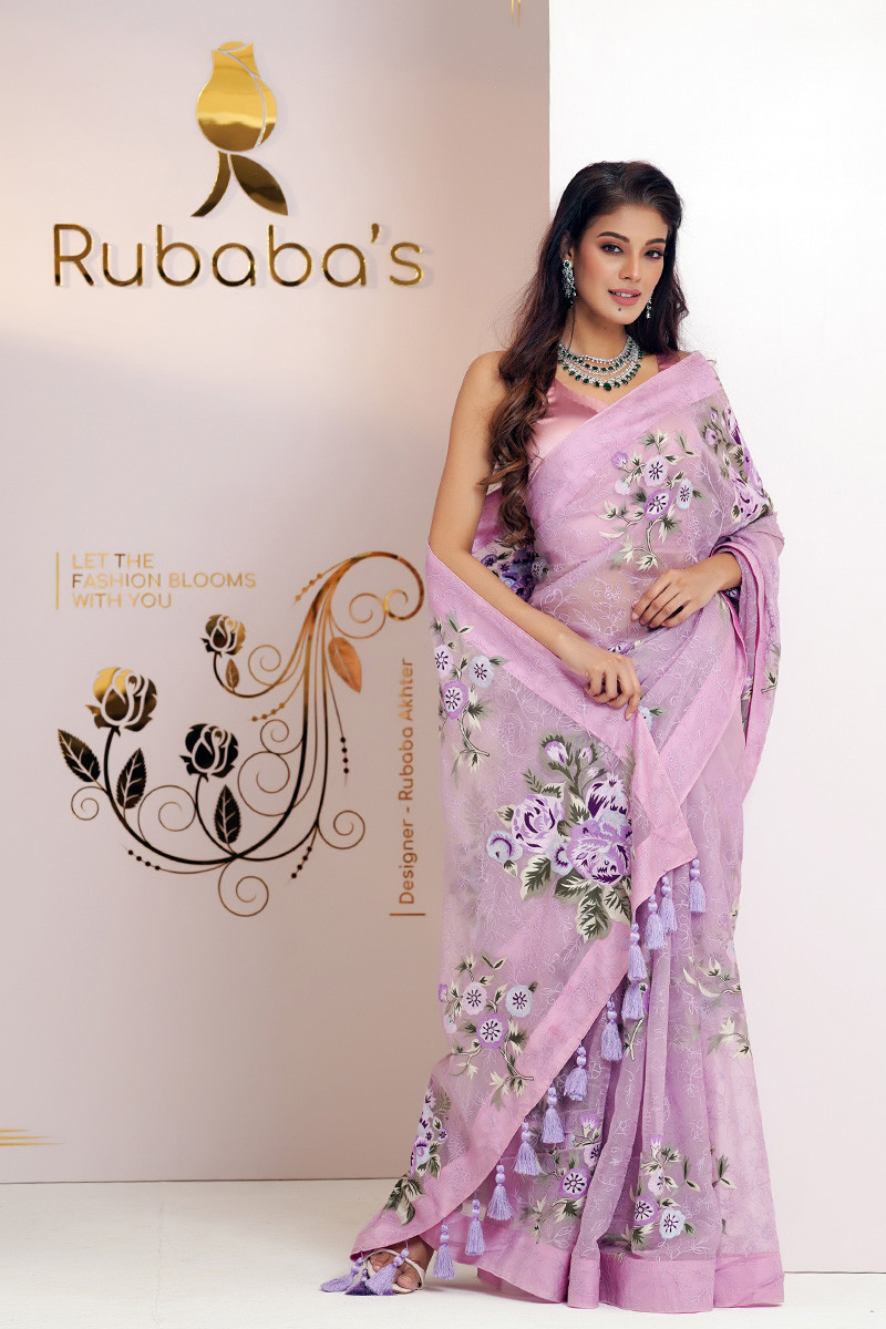 Rubaba's REM2419 Pink Lavender Embroidered Muslin Saree Collection 2024