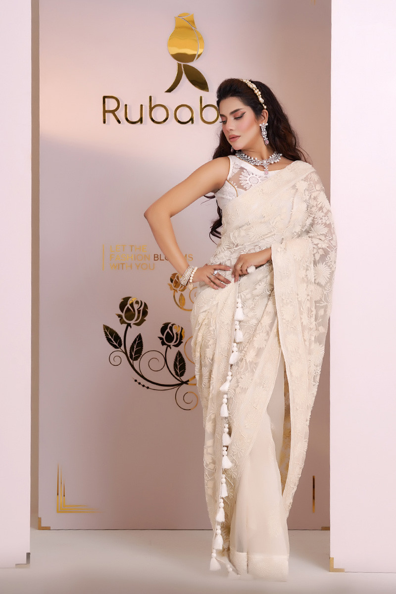Rubaba's REM2418 Parchment White Embroidered Muslin Saree Collection 2024