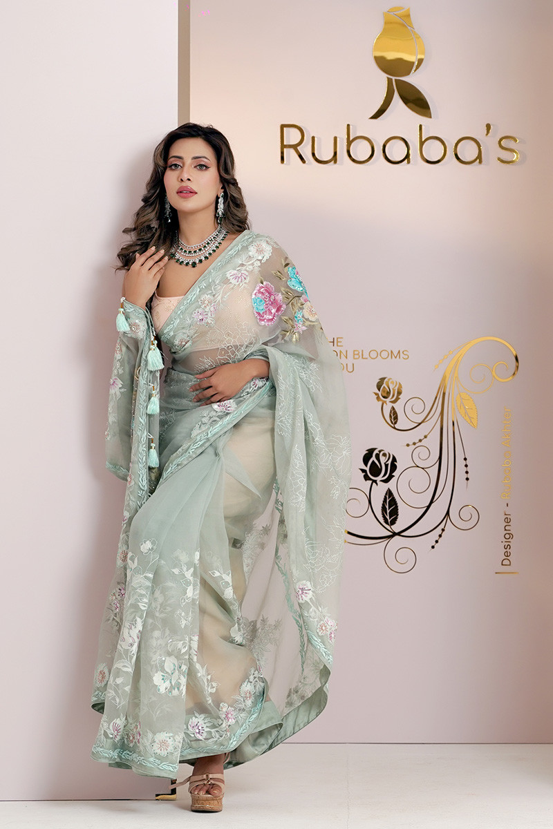 Rubaba's REM2421 Mint Green Embroidered Muslin Saree Collection 2024