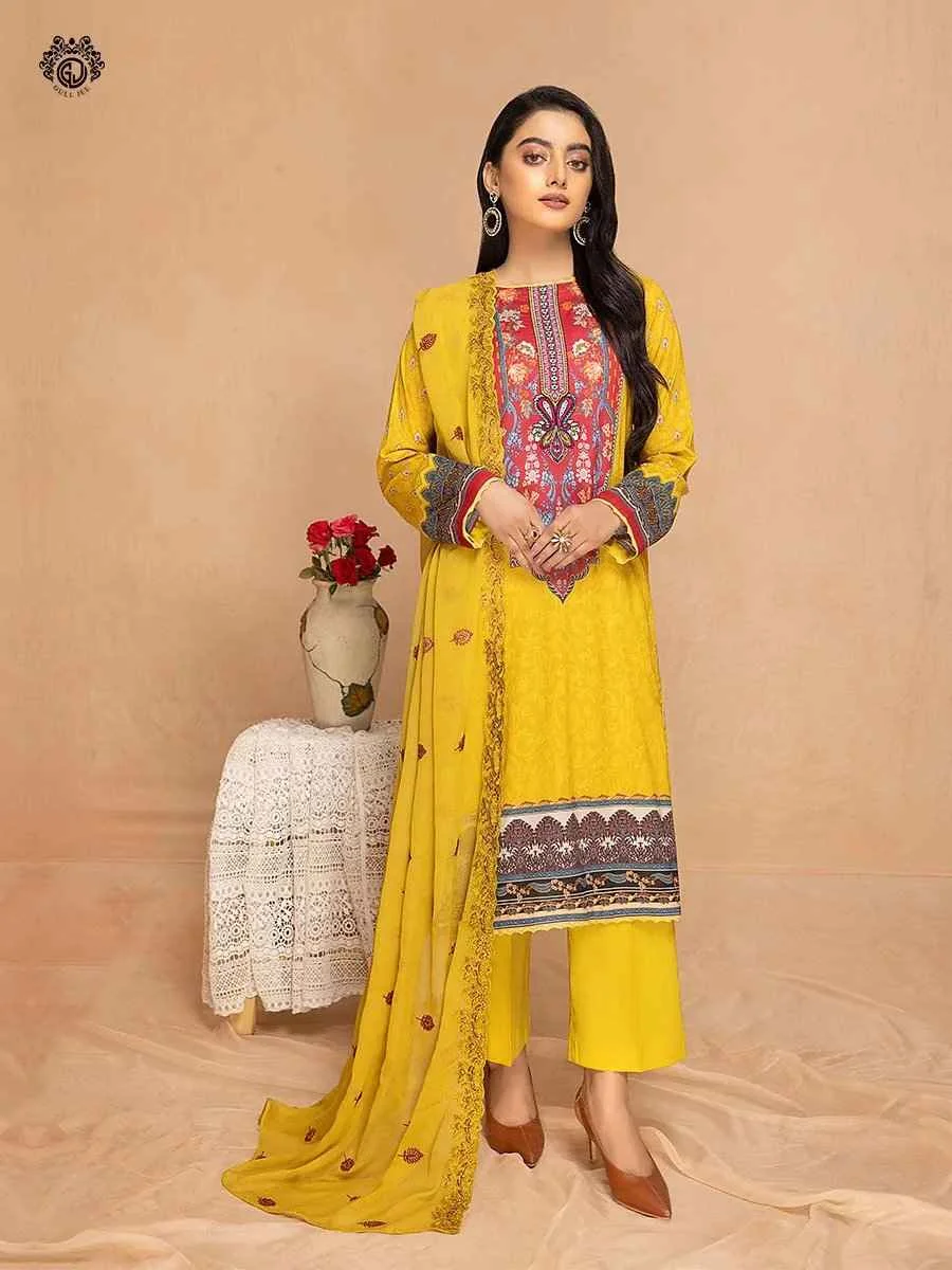 Tehzeeb yellow printed embroidered 3 pieces available in Shelai