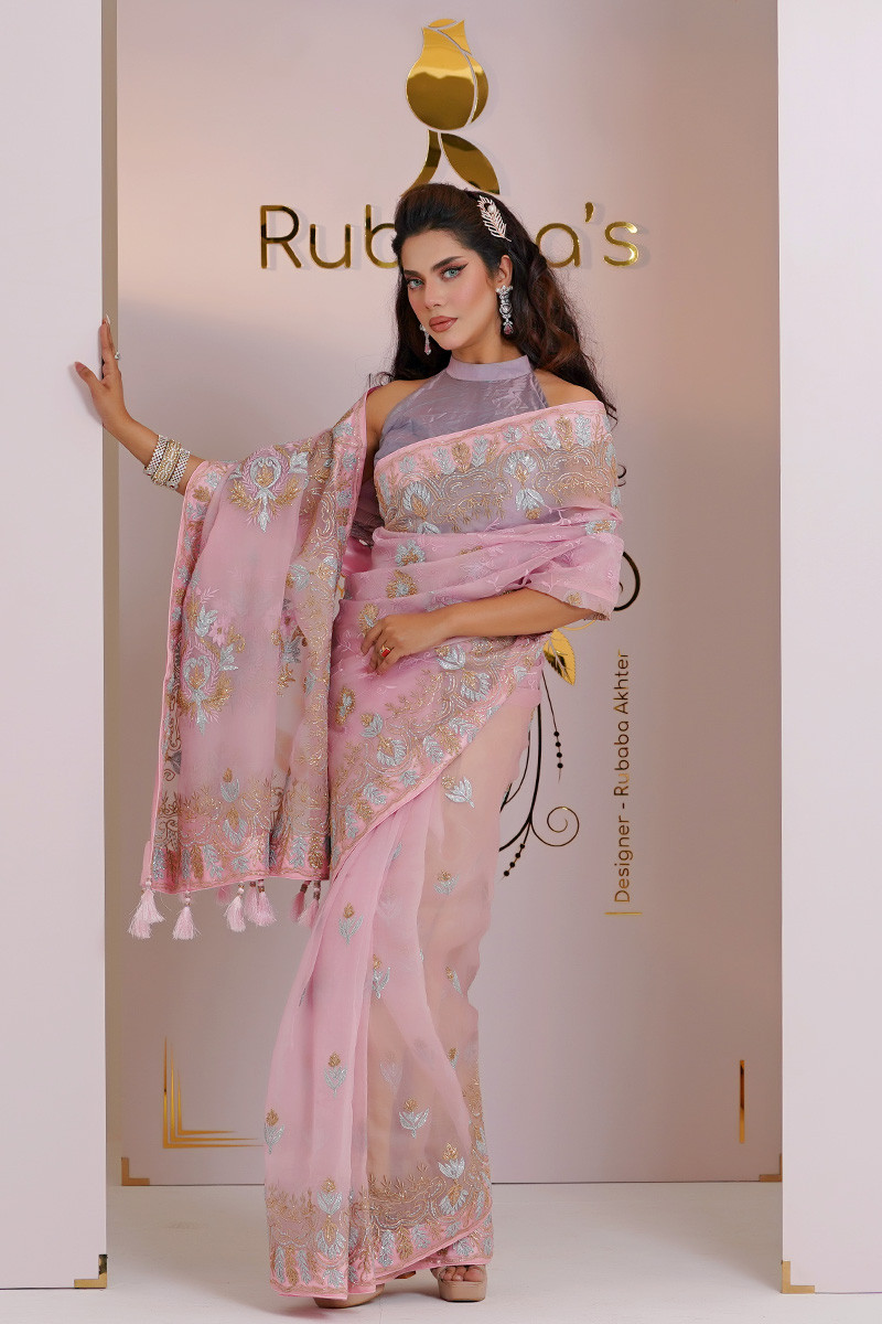 Rubaba's REM2406 Baby Pink Embroidered Muslin Saree Collection 2024