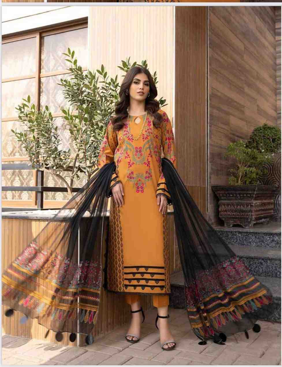 Charizma light rust printed embroidered 3pc available in Shelai