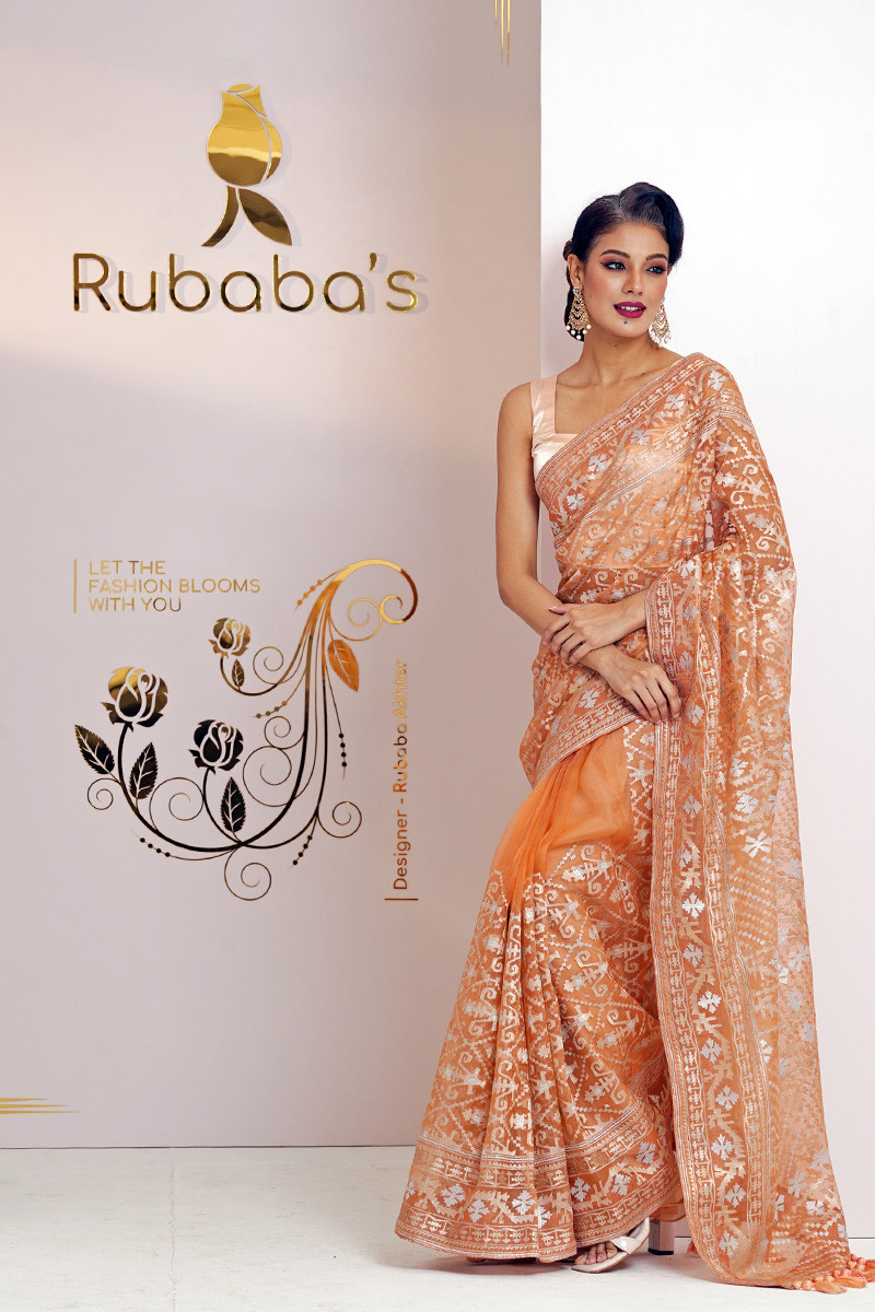 Rubaba's REM2426 Party Peach Embroidered Muslin Saree Collection 2024