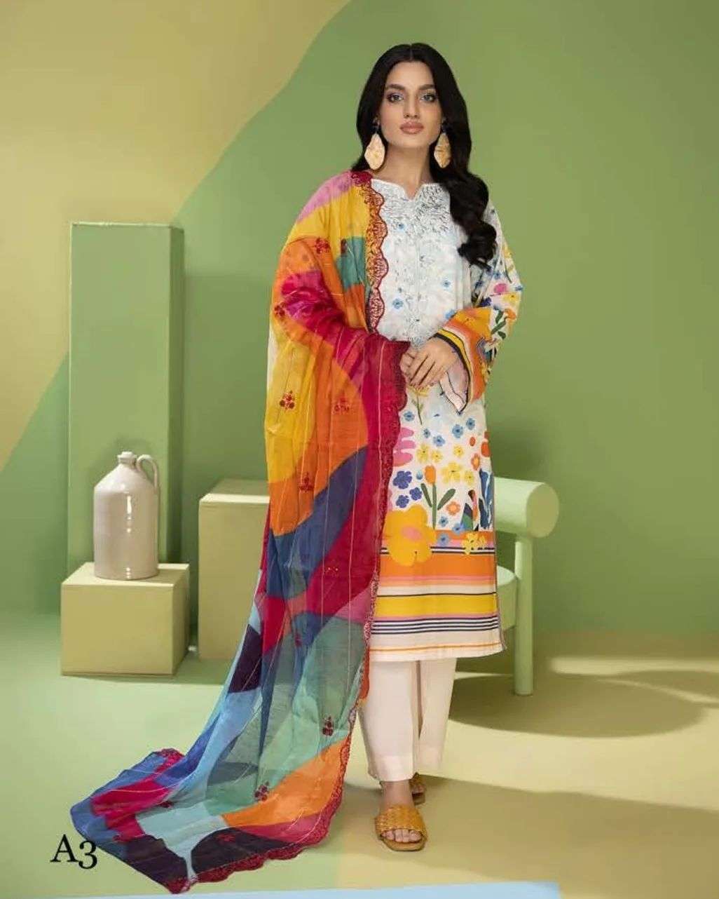 Mahajal white multi color printed 3 pieces available in Shelai