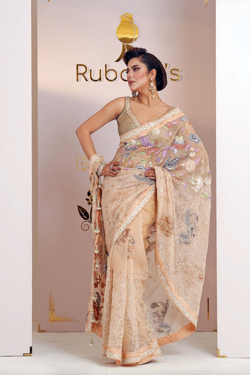 Rubaba's REM2424 Peach Embroidered Muslin Saree Collection 2024