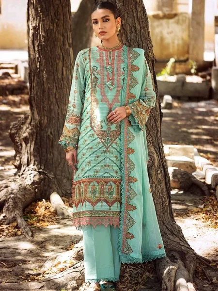 Gul Ahmed FE-32028 Embroidered Digital Printed Paper Cotton Sequins Unstitched Suit with Embroidered Stripe Cotton Silk Dupatta